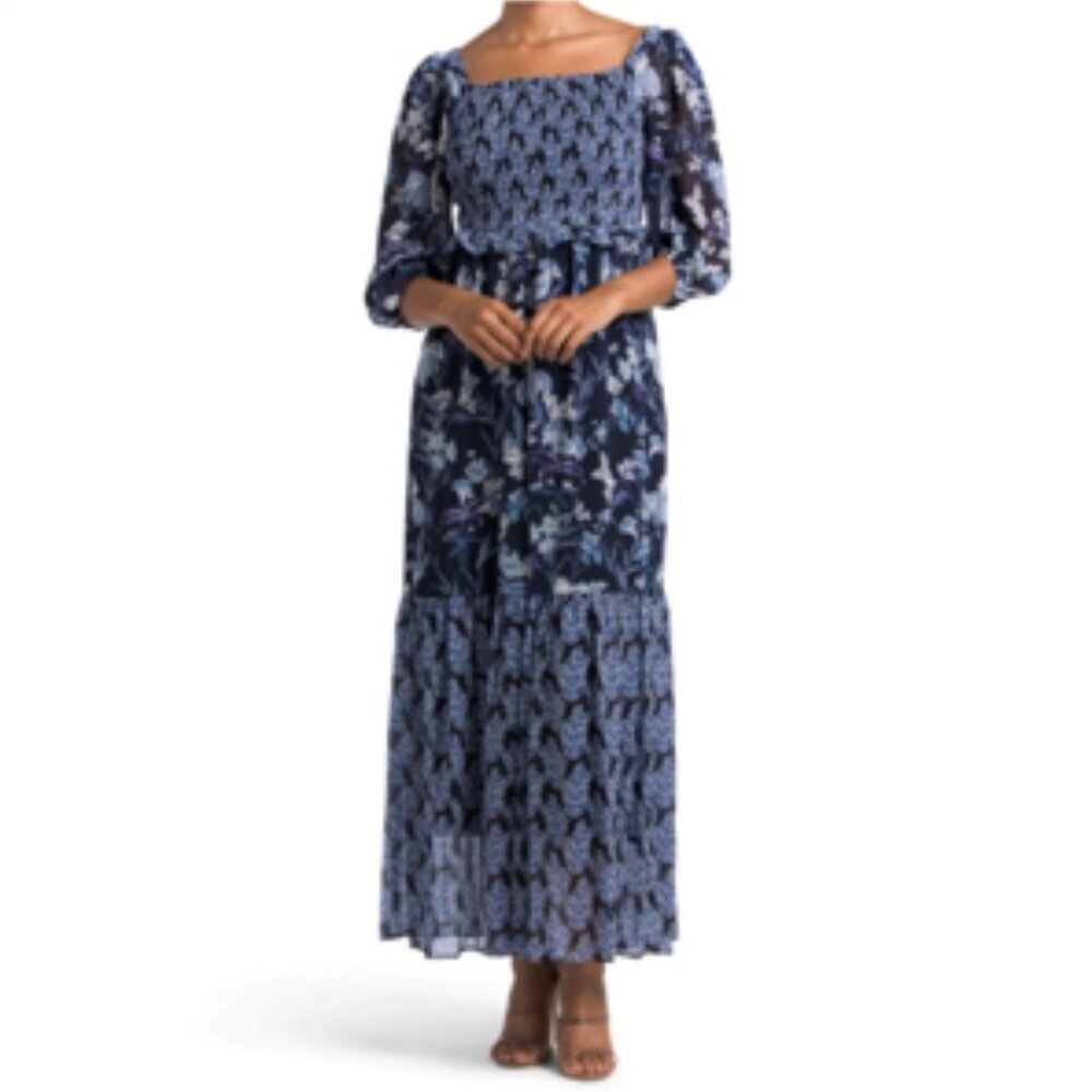 Taylor Floral Tiered Maxi Dress Smocked Tie Back Flowy Blue & White NWT 6P